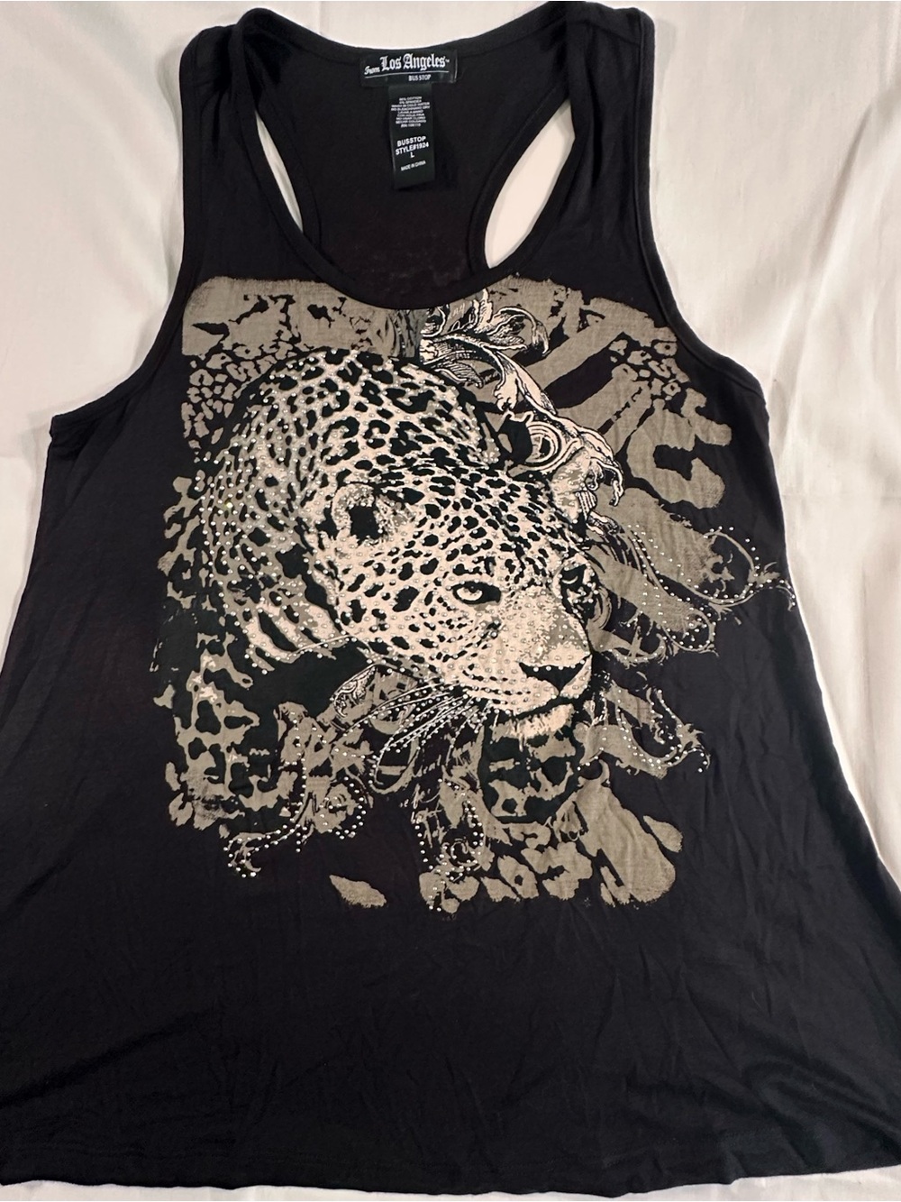 Black Tank with Leopard Graphic gothic punk sequence, biker 80s Wednesday, Y2K